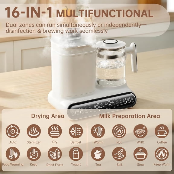 Baby Bottle Warmer Steamer Dryer 16-in-1 Fast Milk Warmer with Timer for Breastmilk Formula 1.2L Electric Kettle Accurate Temp Control Thaw Sterilizing Keep Warm Heat Food