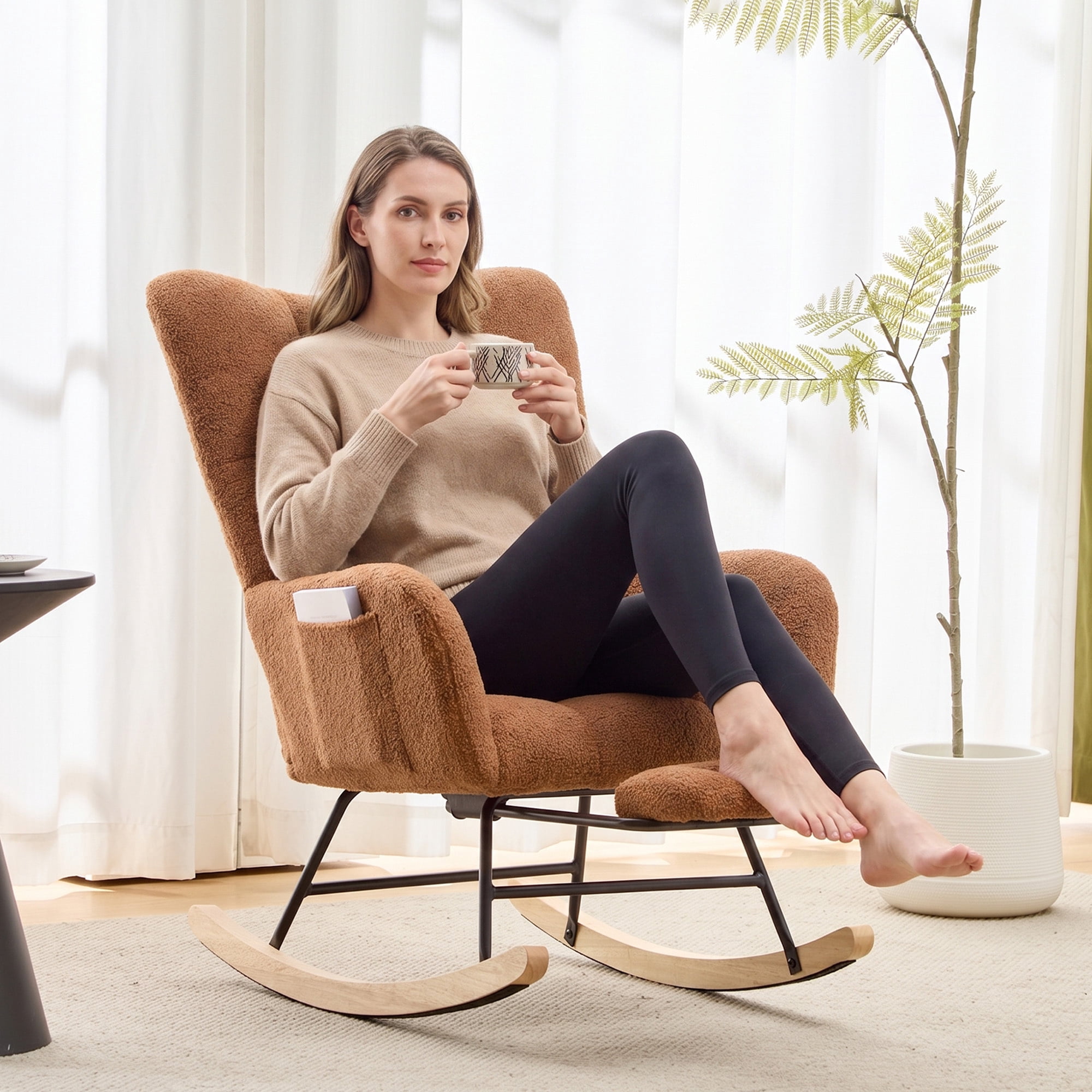 Leumius Nursery Rocking Chair with Footrest,Teddy Fabric Upholstered Glider Rocker Chair with High Backrest,Side Storage Pocket & Solid Wood Legs,Comfy Accent Chair for Living Room Bedroom,Brown
