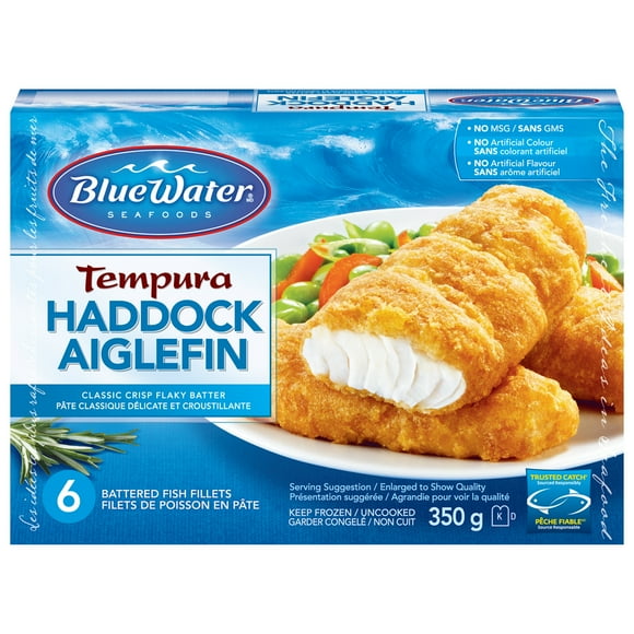 BlueWater Seafoods Tempura Haddock Fish Fillets, Wild Caught Haddock, Frozen, 6 Count, 350 g Package, Tempura Haddock fish fillets