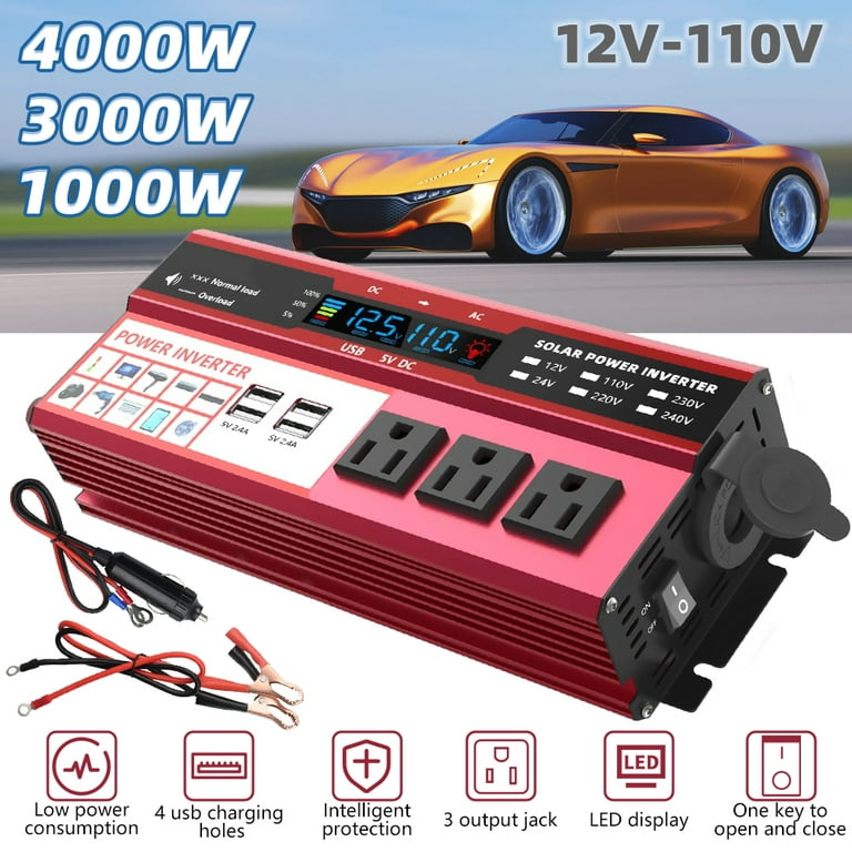 1000W Car Power Inverter, Modified Sine Wave Inverter DC 12V to AC 110V 3  AC Converter with LCD Display, 4x2.4 A USB Ports Car Charger, 1 Cigarette  Lighter Ports, Red 