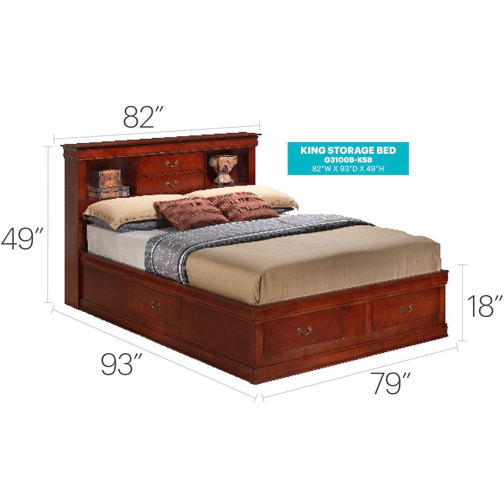 Glory Furniture Louis Phillipe King Storage Bed in Cherry Color