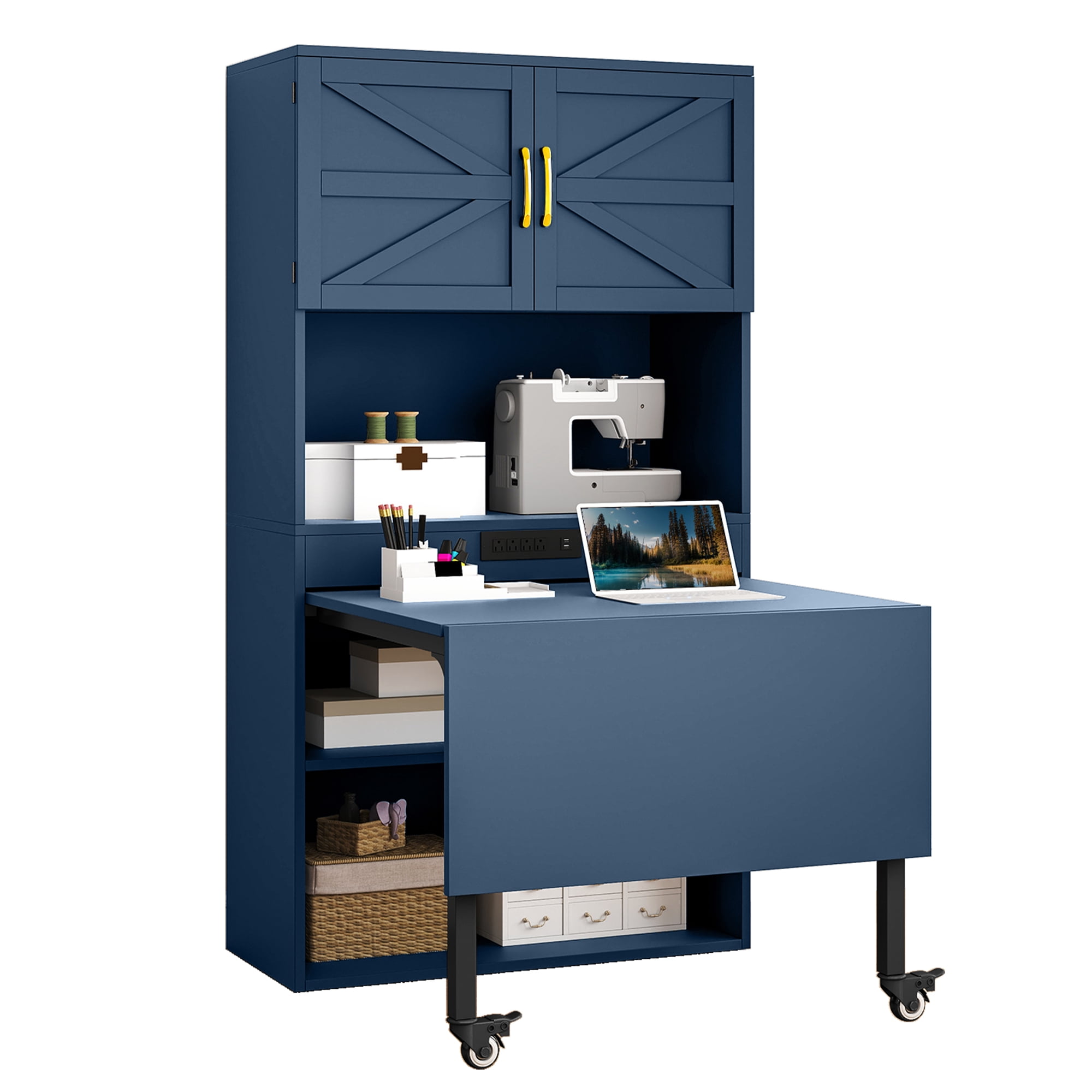 Uforic Foldable Sewing Machine Table & Desk w/ Craft Storage and USB Power Outlets - Blue