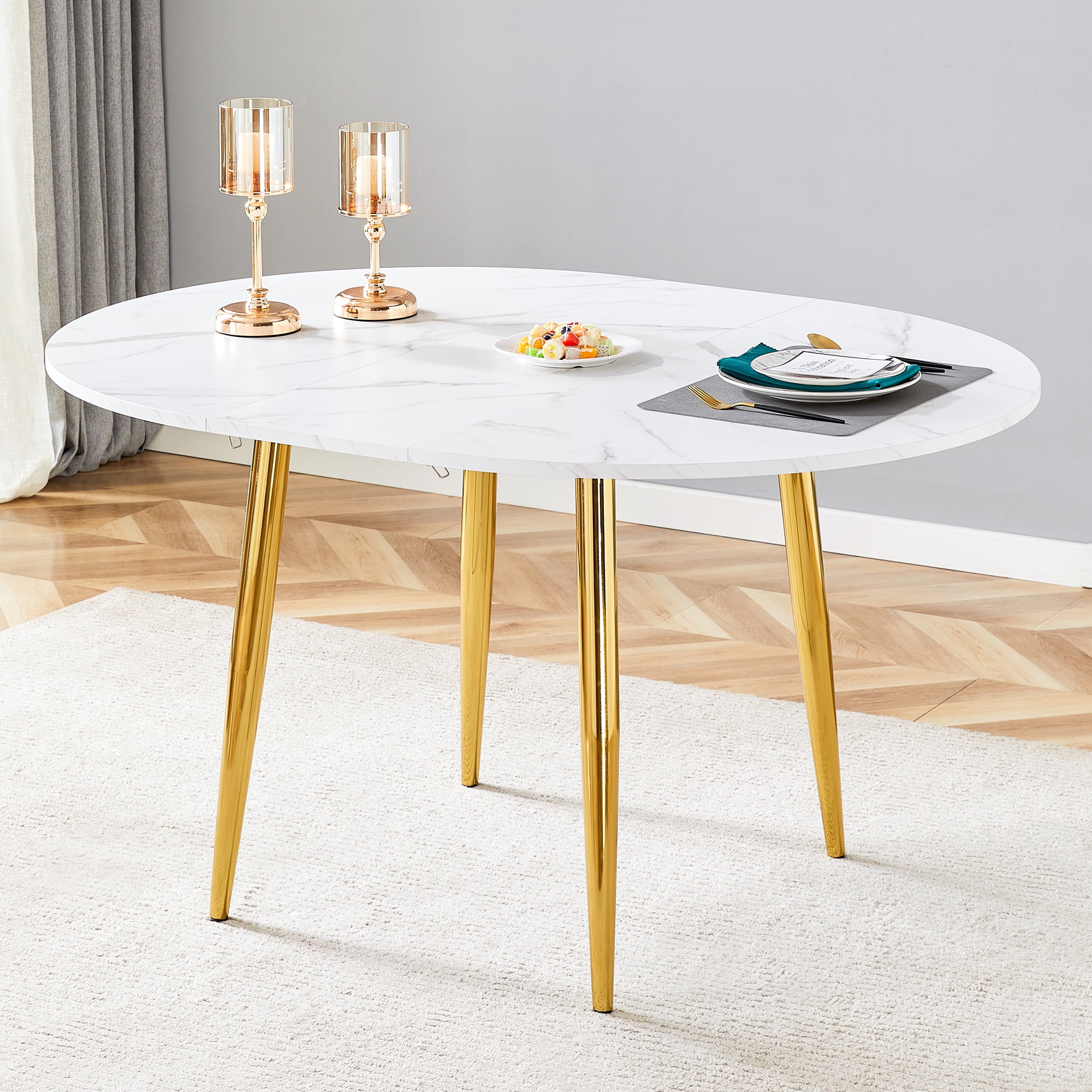 Mintazer Extendable Round to Oval Dining Table with White Marble Vein MDF Top & Gold Metal Legs, Modern Kitchen Table for 4-6 People, White