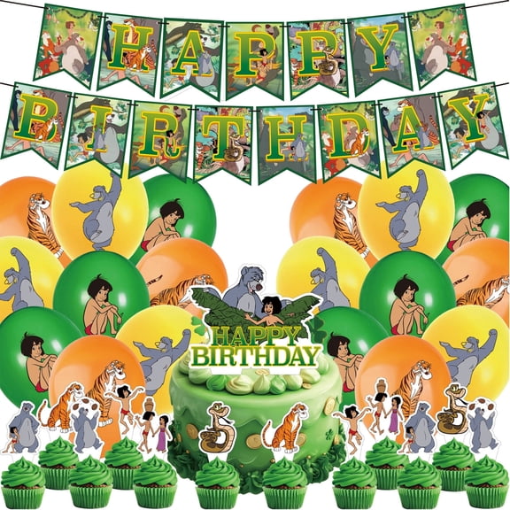 32 Pcs For The Jungle Book Cartoon Theme Birthday Party Decorations Set 18 Balloons,13 Cupcake Toppers,With 1 Happy Birthday Banner,All-in-One Celebration Party Kit Supplies