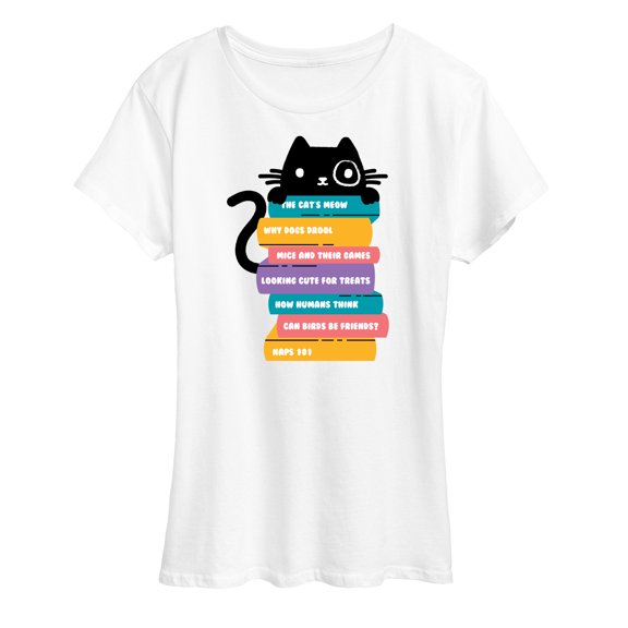 Instant Message - Cat Peeking Over Book Stack - Women's Short Sleeve Graphic T-Shirt