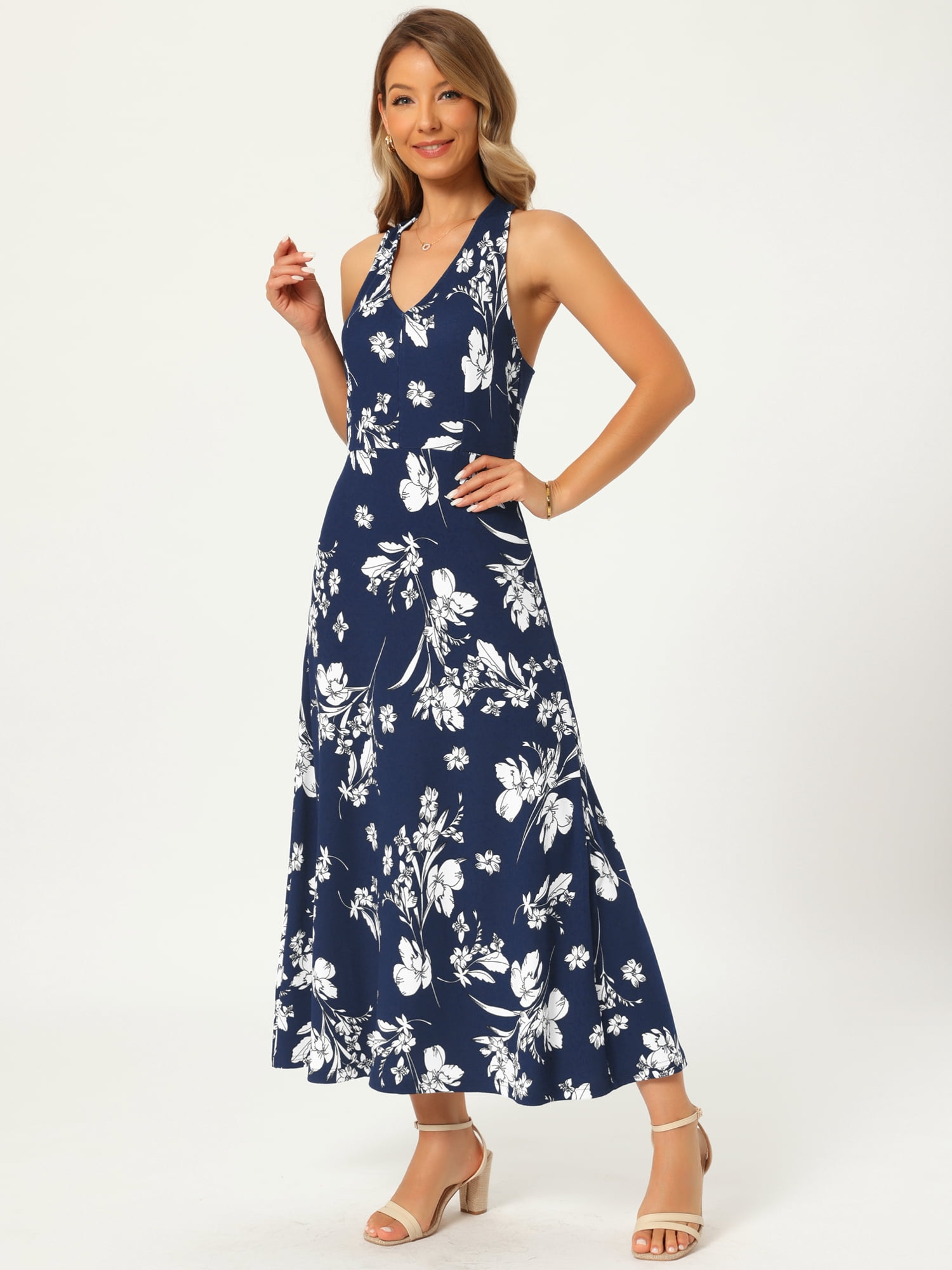 DARING DIVA Women's Halter Sleeveless A-line Maxi Floral Print Casual Sundress M Dark Blue