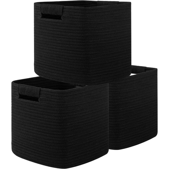 Storage Cubes 11 Inch Storage Bins-3-Pack, Cotton Rope Woven Baskets for Organizing, Square Storage Baskets for Shelves Organizer, Classroom, Kids Toy Bins, Closet, Baby Nursery-Black