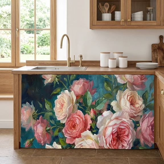 Independence Day Cabinet Curtains for Kitchen 32"W x 55"L, Vintage Pink Beige Roses Floral Pantry Curtain Skirt Magic Tape Short Curtains Decor Privacy Panel for Utility Closet Bathroom