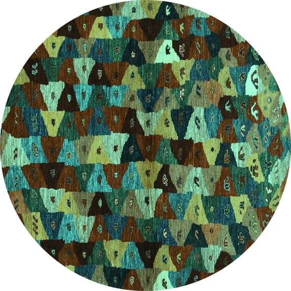 Ahgly Company Machine Washable Indoor Round Abstract Turquoise Blue Contemporary Area Rugs, 3' Round
