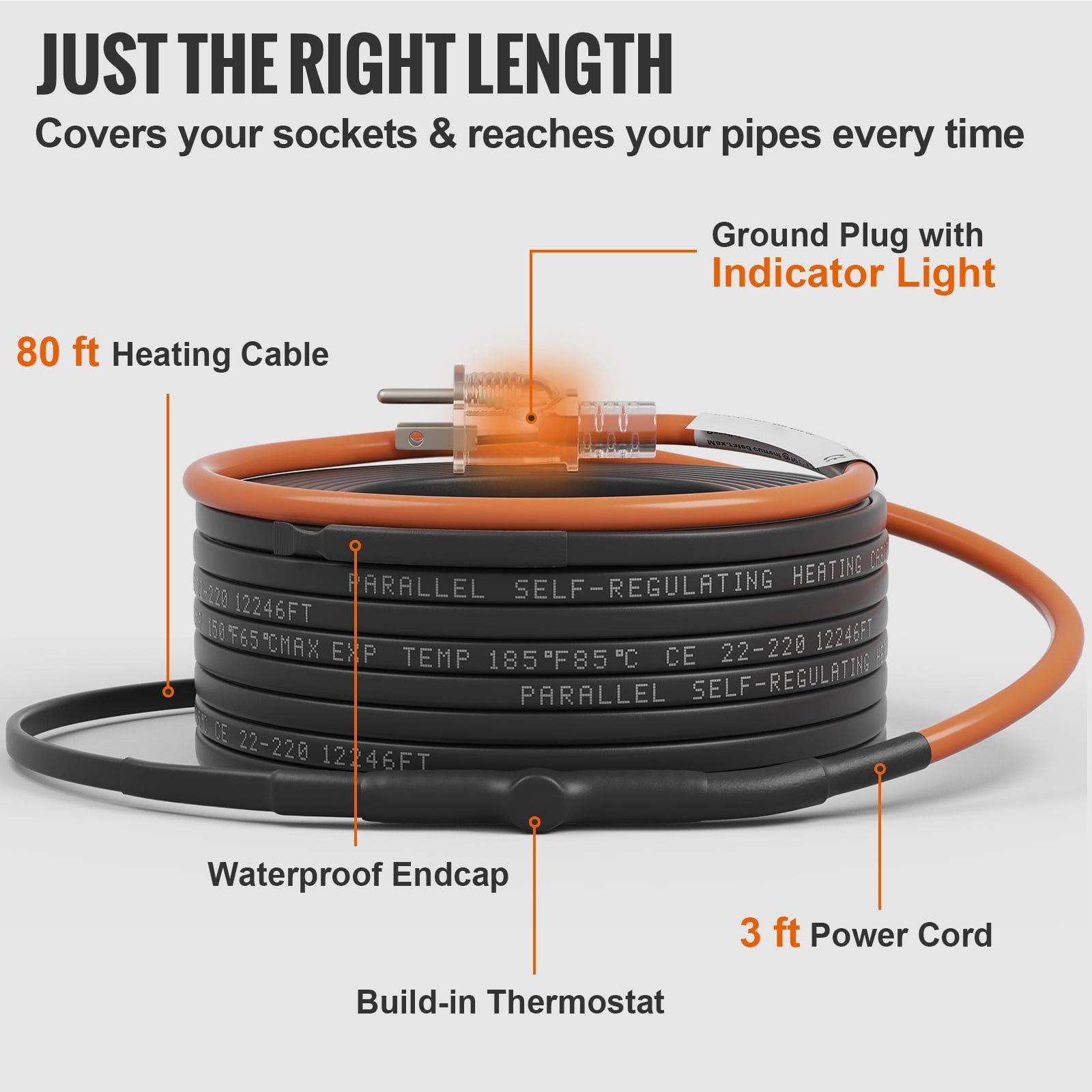KFFKFF Self-Regulating Pipe Heating Cable, 80-feet 5W/ft Heat Tape for Pipes Freeze Protection, Protects Hose, Metal and Pipe from Freezing, 120V