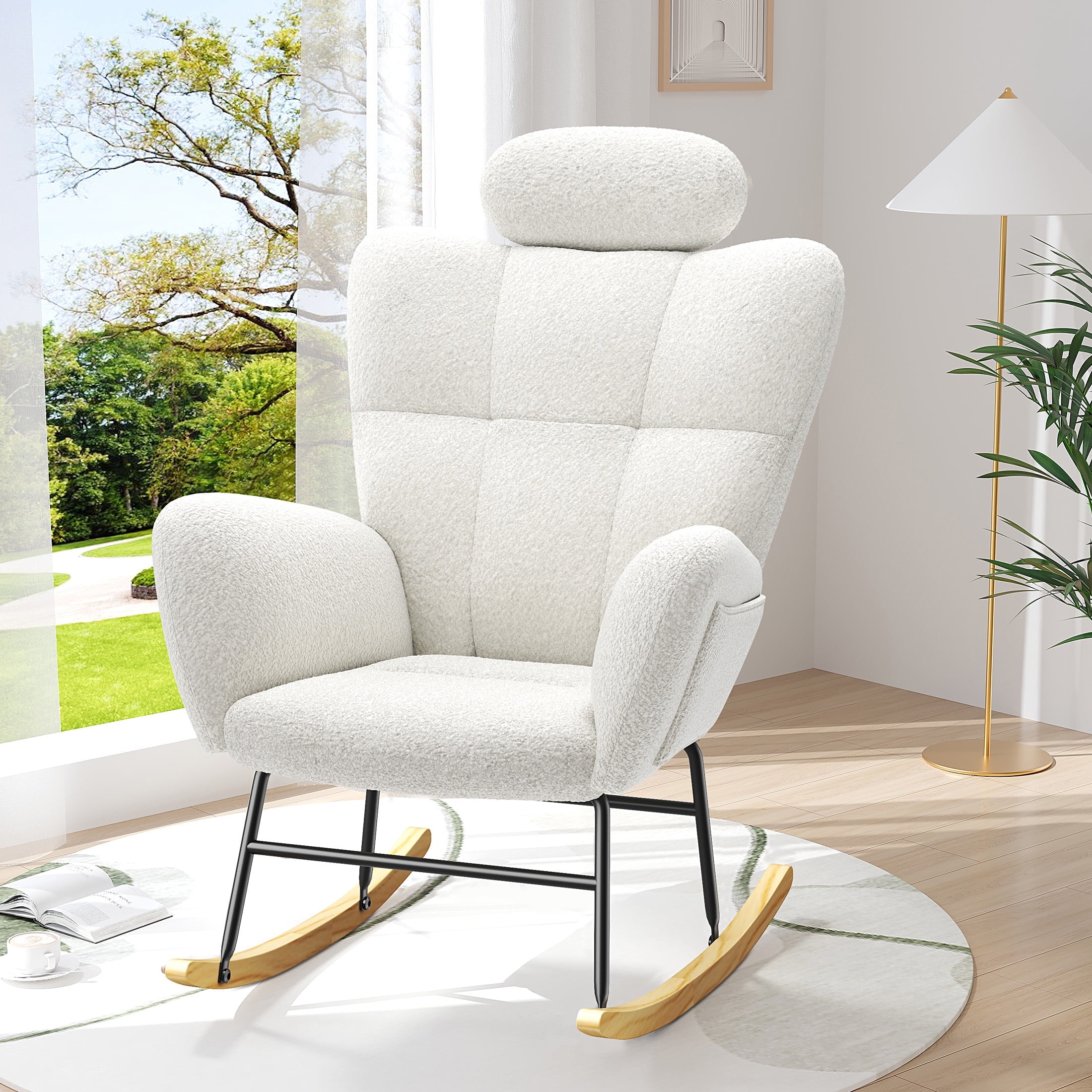UHOMEPRO Modern Teddy Fabric Rocking Chair, Accent Rocker Chair with High Backrest, Accent Glider Rocker for Living Room Bedroom Playroom, White