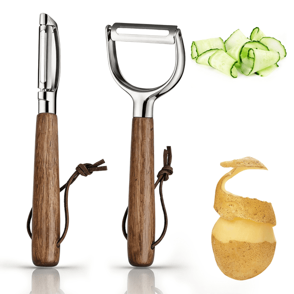 2 Pack Vegetable Fruit Peeler Set, Stainless Steel Y & Straight Peelers with Comfort Walnut Wood Handle, Dishwasher Safe Potato Peeler for Kitchen Prep