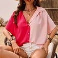 thumbnail image 6 of Scyoekwg Womens Casual Short Sleeve Blouses Button V Neck Tshirt Color Block Patchwork Lightweight Comfy Loose Trendy Blouses (Pink,XXL), 6 of 8