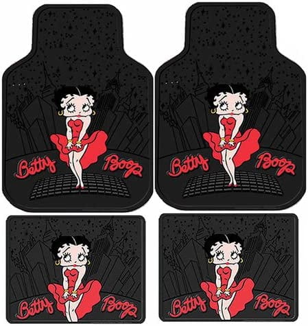 7PC Betty Boop Gift Set: 2 Lowback Seat Covers, 2 Front Floor Mats, 2 Rear Floor Mats, and 1 Steering Wheel Cover. - Betty Boop