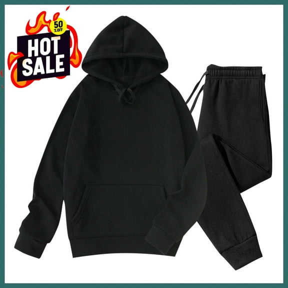 Sweatsuits 2pcs Sets Men Velvet Solid-Color Casual Loose Pocket Drawstring Long Pants Sweatshirt Long Sleeve Hooded Set,Black L
