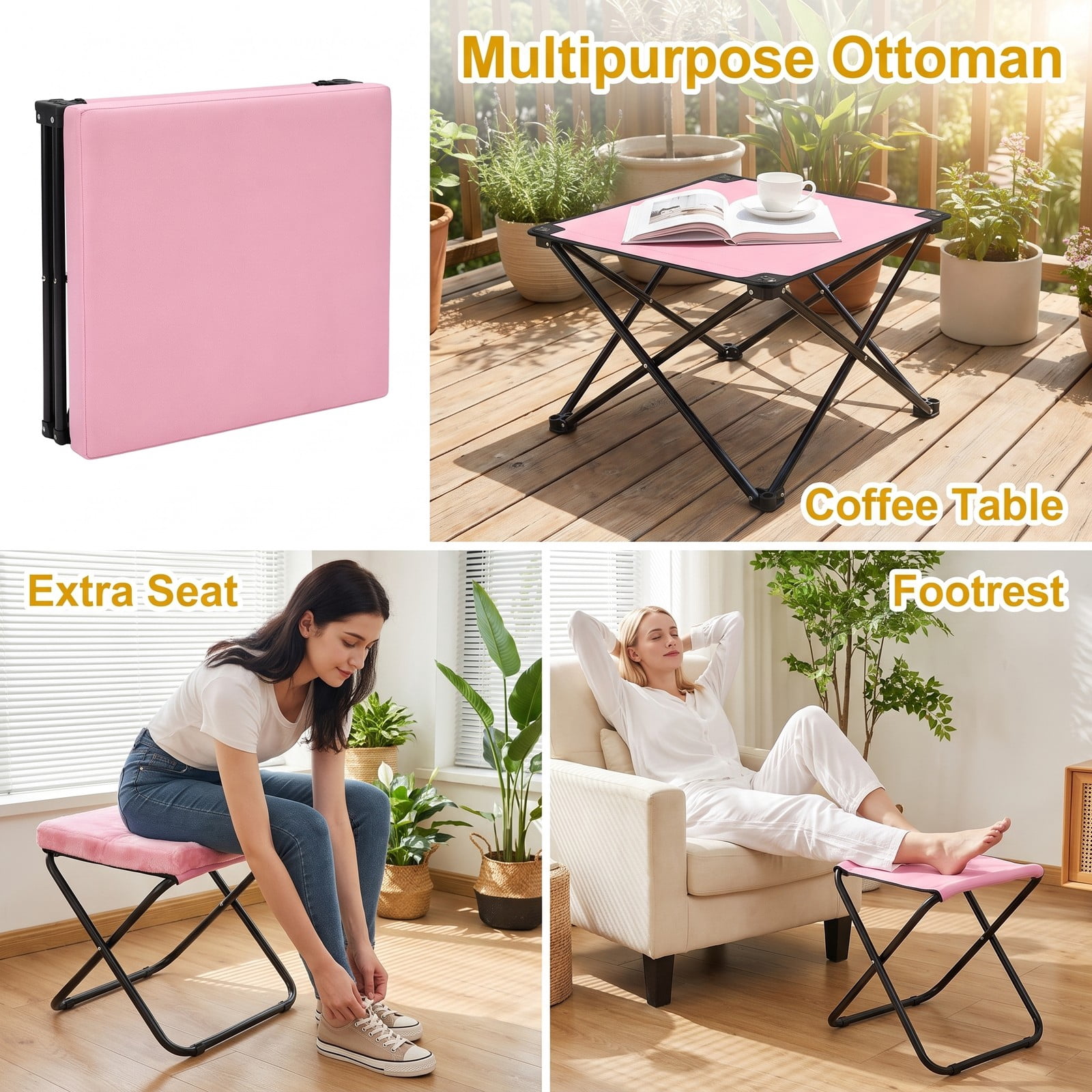 Furnibear Modern Accent Chair with Folding Footrest and Head Pillow, Sherpa Upholstered Ergonomic Living Room Lounge Armchair with Ottoman, Side Pocket and, Pink
