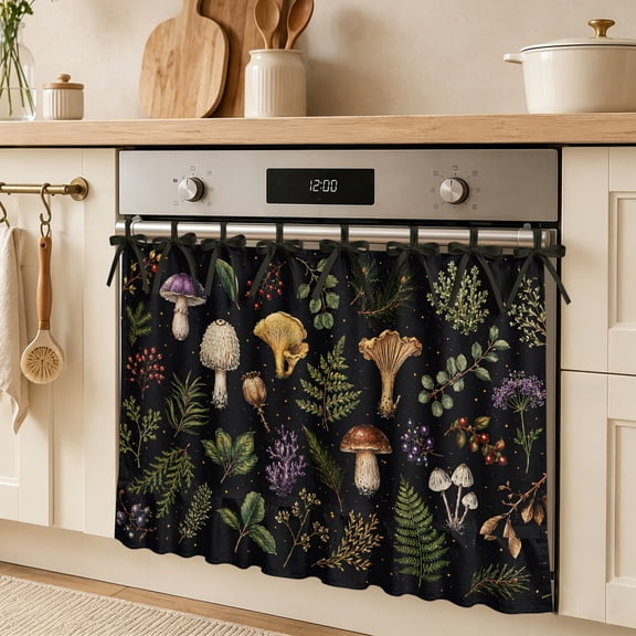 Fprest Botanical Oven Skirt Curtain, Plant Fern Leaf Mushroom Pinecone Wildberry Black Tie Top Tier Curtains Stove Dishwasher Skirt Small Window Drapes for Kitchen Bathroom Cafe 27"x20"