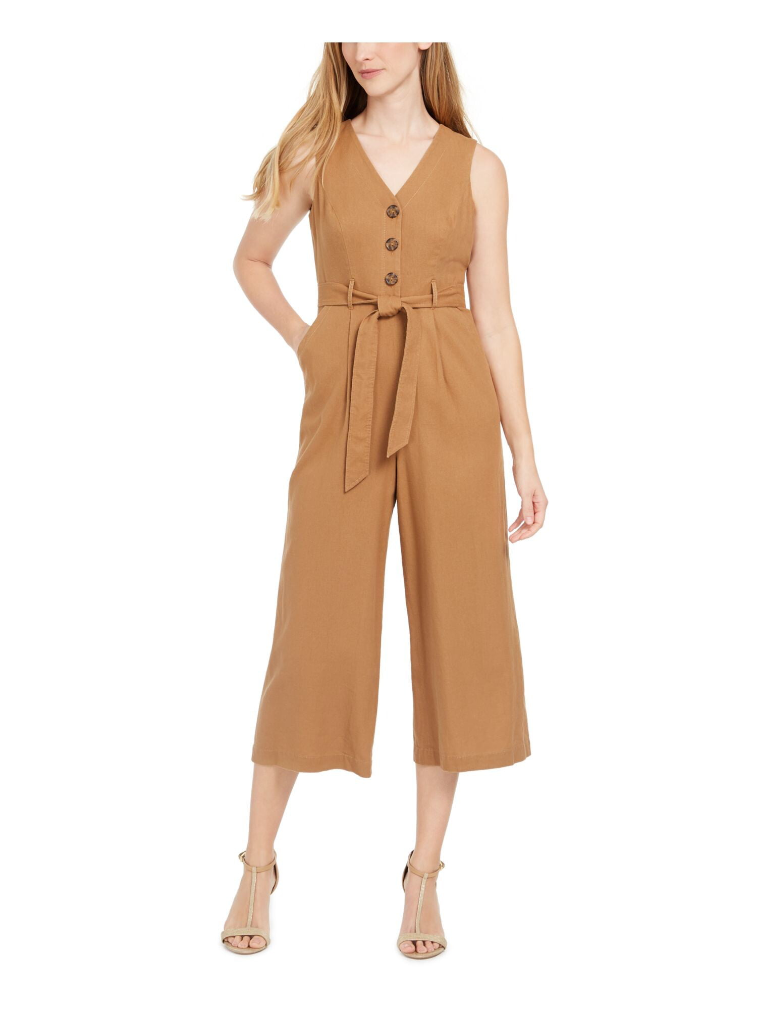 CALVIN KLEIN Womens Brown Stretch Zippered Belted Sleeveless V Neck Evening Cropped  Jumpsuit 4 