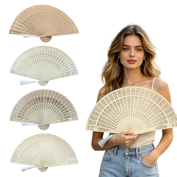 CoreLiving Wooden Folding Fan, Vintage Sandalwood Hand Fan with Elegant Openwork Design and White Tassel, Portable Handheld Fan for Wedding Favors and Party, 1 Pack
