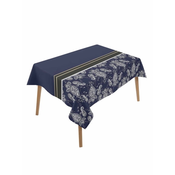 Boho Navy Blue Flower Table Cloth, Waterproof Tablecloth for Rectangle Tables, Abstract Bohemia Pesley Floral Reusable Washable Fabric Table Cover for Restaurant Kitchen Dining Tables 60"x102"