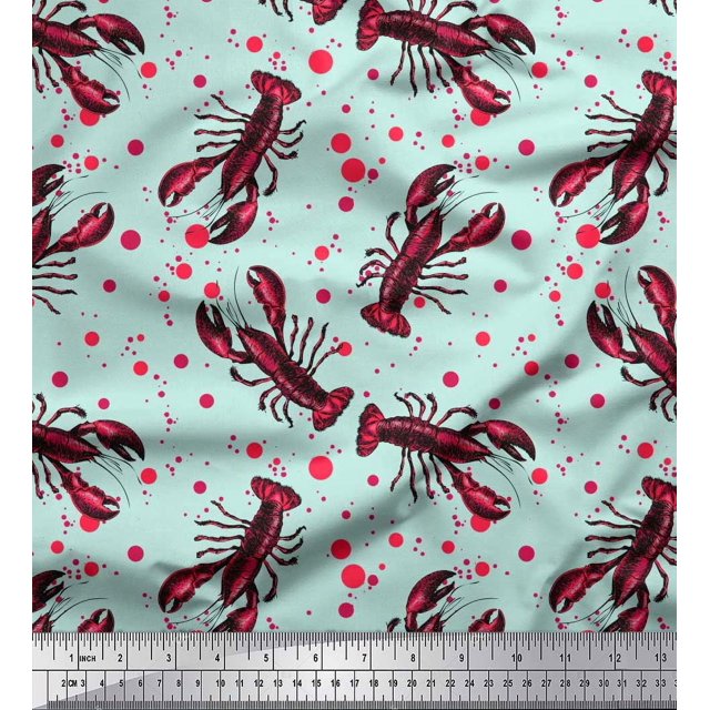 Soimoi Polyester Crepe Fabric Dot & Lobster Ocean Print Sewing Fabric Yard 52 Inch Wide