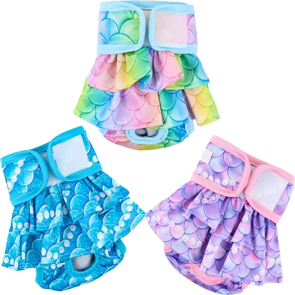ACDANC 3 Pack Dog Diapers Female, Reusable Pet Diapers for Female Dogs, Washable Dog Panties Diaper Skirt for dogs in Heat, Period, Incontinence, or Excitable Urination (XS, Mermaid)