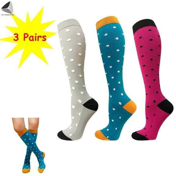 PULLIMORE 2 Pairs Knee High Socks for Women Men Novelty Dot Compression Socks for Running Travel Cycling Daily Wear (Gray Blue Rose Red, L/XL)
