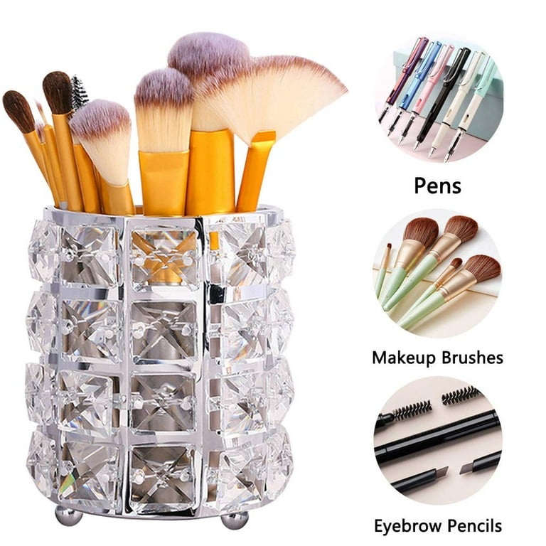 Crystal Makeup Brush Holder Organizer, Handcrafted Cosmetics Brushes Cup  Storage Solution (Silver/Gold)