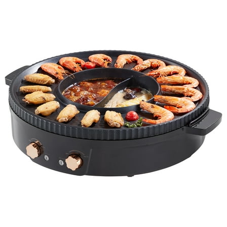 KFFKFF 2-in-1 Electric Grill and Hot Pot 1550W BBQ Grill and Hot Pot Smokeless Non-Stick BBQ Tray Shabu Shabu Hotpotwith Separate Dual Temperature Control for 2-8 People