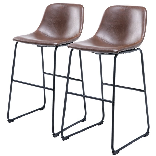 Faux Leather Upholstered Barstools Set, Brown Leather Barstool