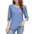 thumbnail image 5 of bbyeadc Blue T-Shirts for Women Crew Neck Puff Cuff Pleated Shirts 3/4 Sleeve Dressy Casual Loose Fit Basic Trendy Tops Summer Basic Business Casual Blouses, Sky Blue S, 5 of 7