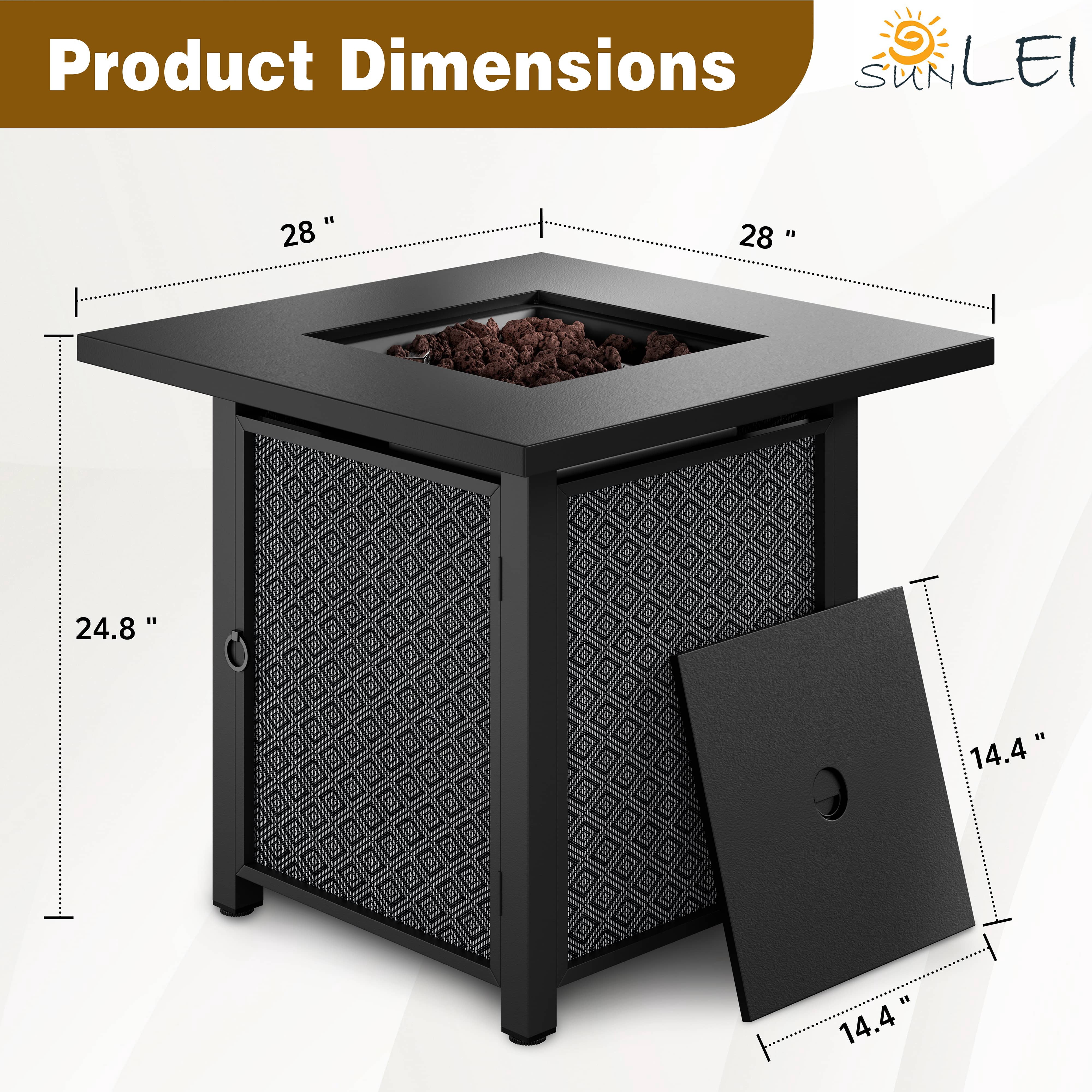 Walsunny 28" Propane Gas Fire Pit Table 50,000 BTU Square Outdoor Table with Removable Lid & Waterproof Cover