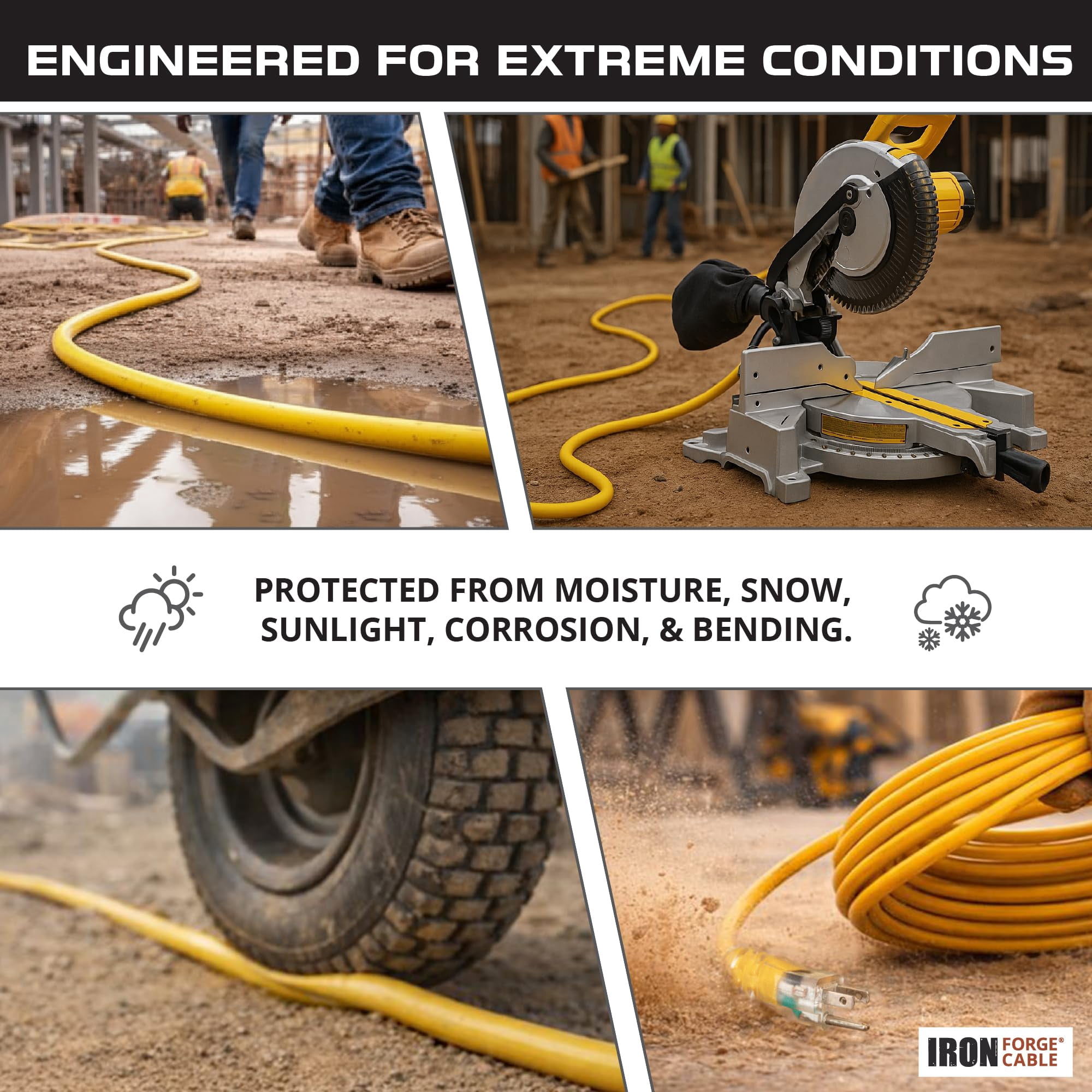 IRON FORGE CABLE 10 Foot Lighted Outdoor Extension Cord with 3 Electrical Power Outlets - 12/3 SJTW Heavy Duty Yellow Extension Cable with 3 Prong Grounded Plug for Safety, 15 AMP