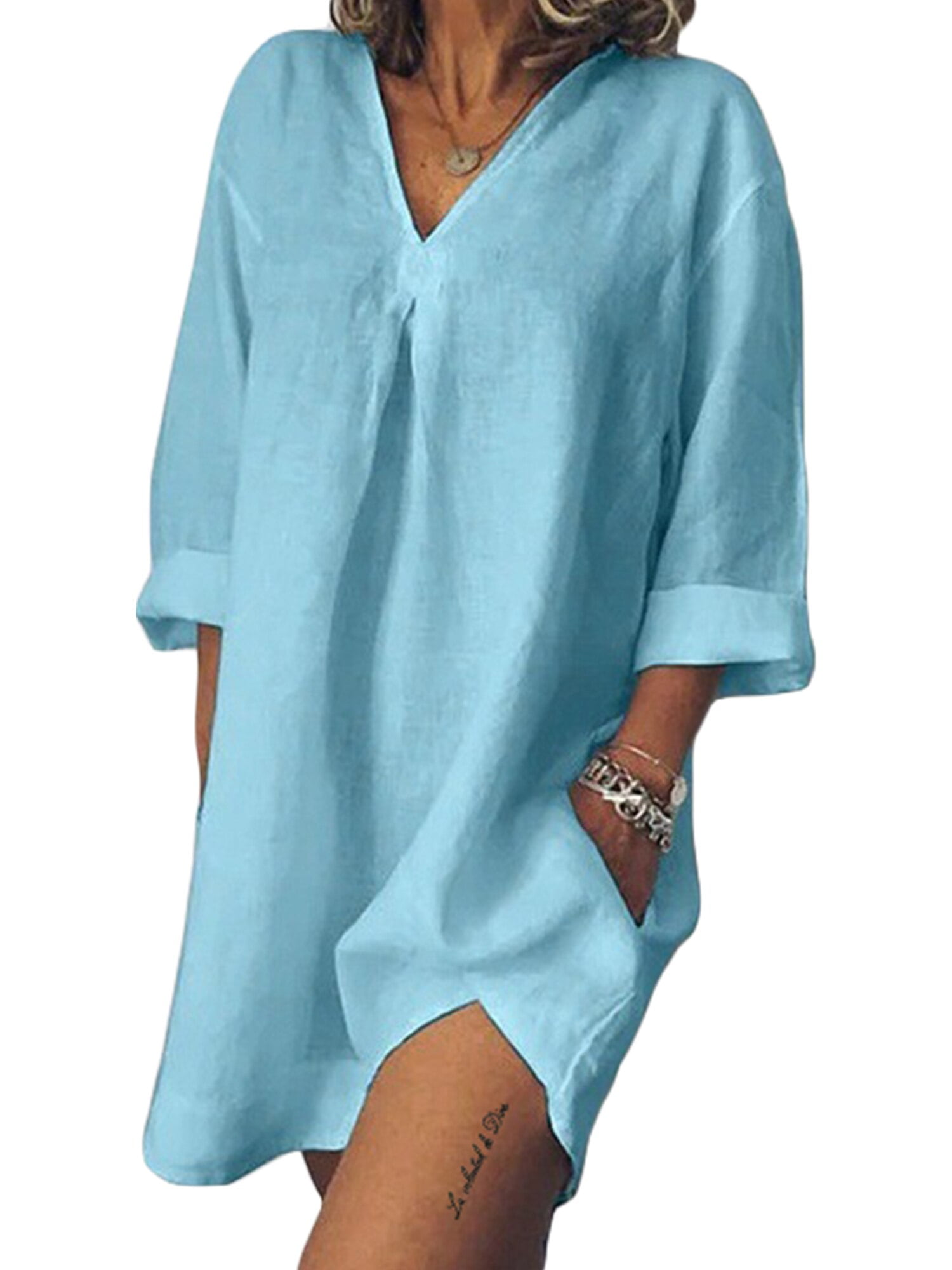 Plus Size Women Lady Cotton Linen Shirt Dresses V Neck Kaftan Loose Beach Dress