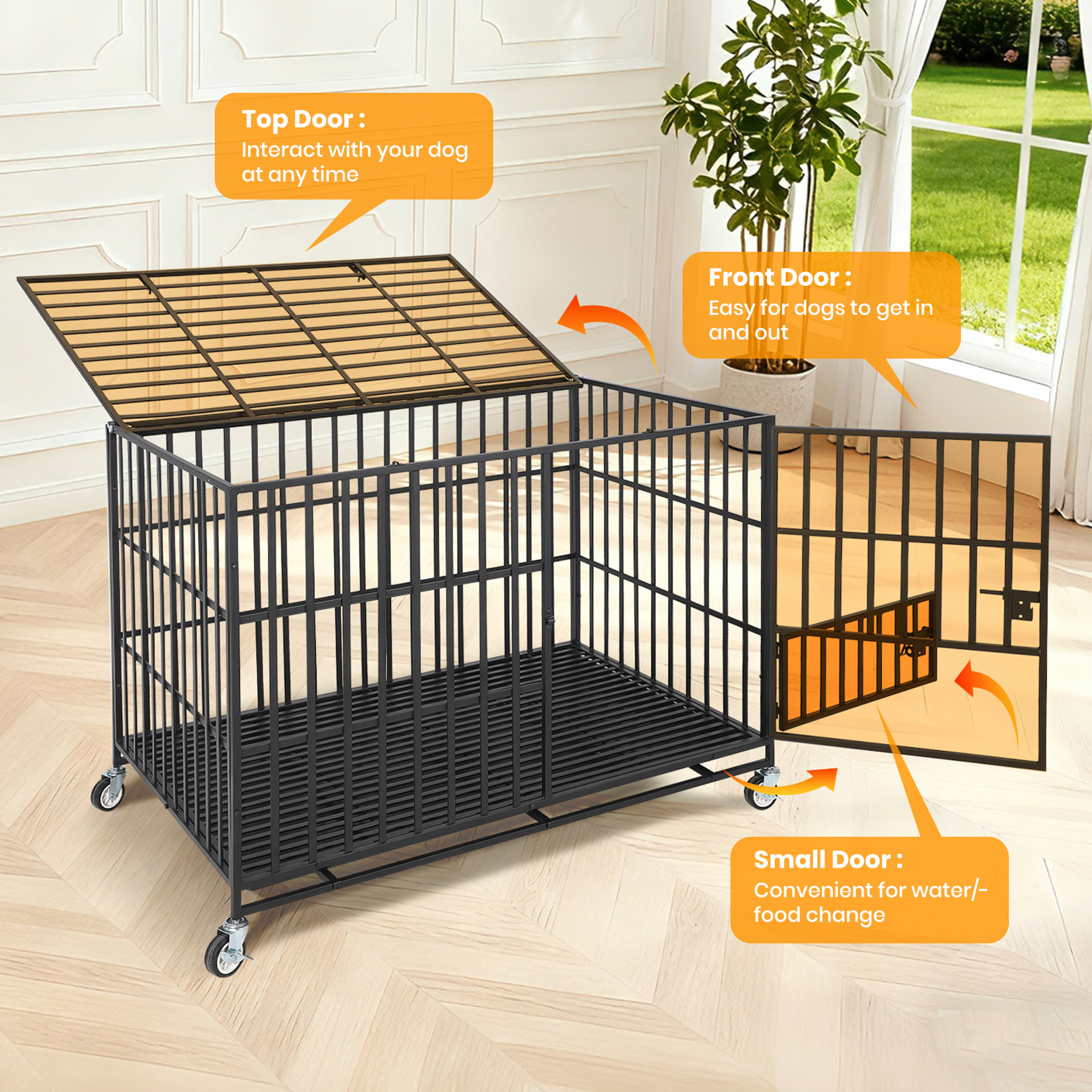 49 Inch Extra Large Heavy Duty Dog Crate with 3 Doors and Wheels, Indoor Outdoor Escape-Proof Metal Kennel with Removable Tray for Large Medium Dogs, Black