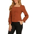 thumbnail image 4 of MODA NOVA Junior's Square Neck Elegant Blouse Long Puff Sleeves Tops Caramel S, 4 of 5