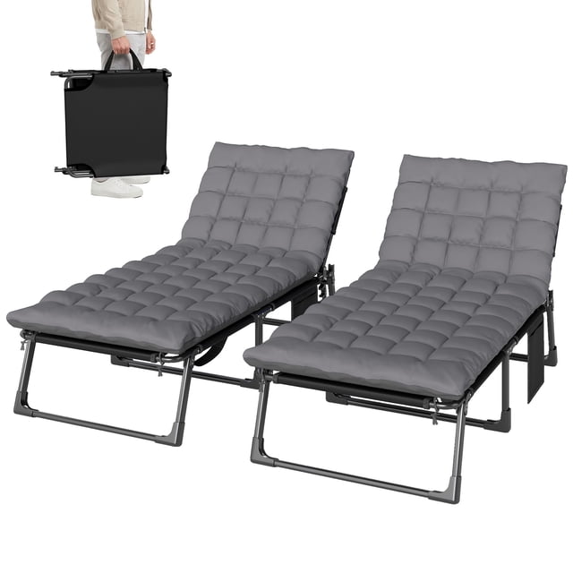 Set of 2 Outdoor Folding Chaise Lounge Chairs, 29.5" Wide Adjustable Backrest Sun Lounger with Cushion & Side Pocket, Breathable Mesh Steel Frame for Pool, Patio, Beach, Camping