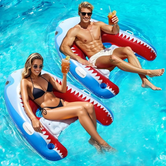 HeySplash Pool Floats Adult 2 Pack, Shark Shape Chair with Cup Holder, Inflatable Lounge with Handles ,Swimming Pool Beach Lake River Water Party, Blue Shark