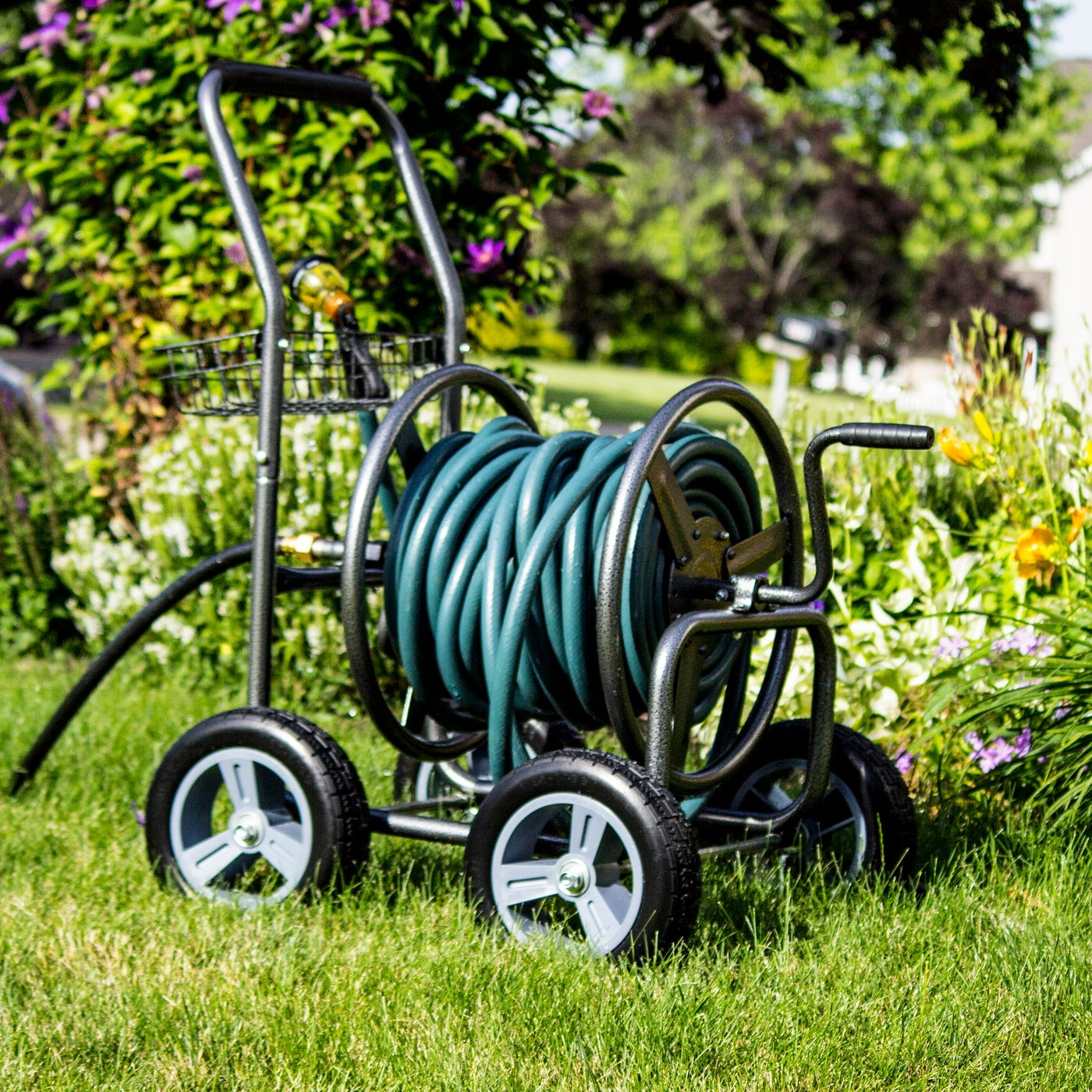 Backyard Expressions Commercial Four Wheel Hose Reel Cart - Heavy Duty  Rolling Hose Caddie for Gardening - 350 Ft Hose Capacity