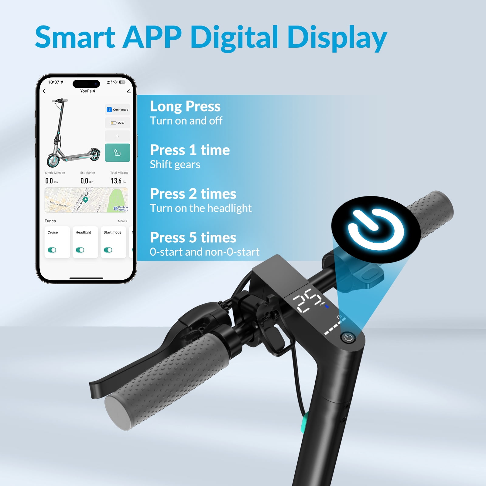 HiQiS 350W Electric Scooter, 18-21 Miles Range, 19 MPH Top Speed, Foldable Commuting E-Scooter with Dual Braking and APP Control for Adults and Teens Blue