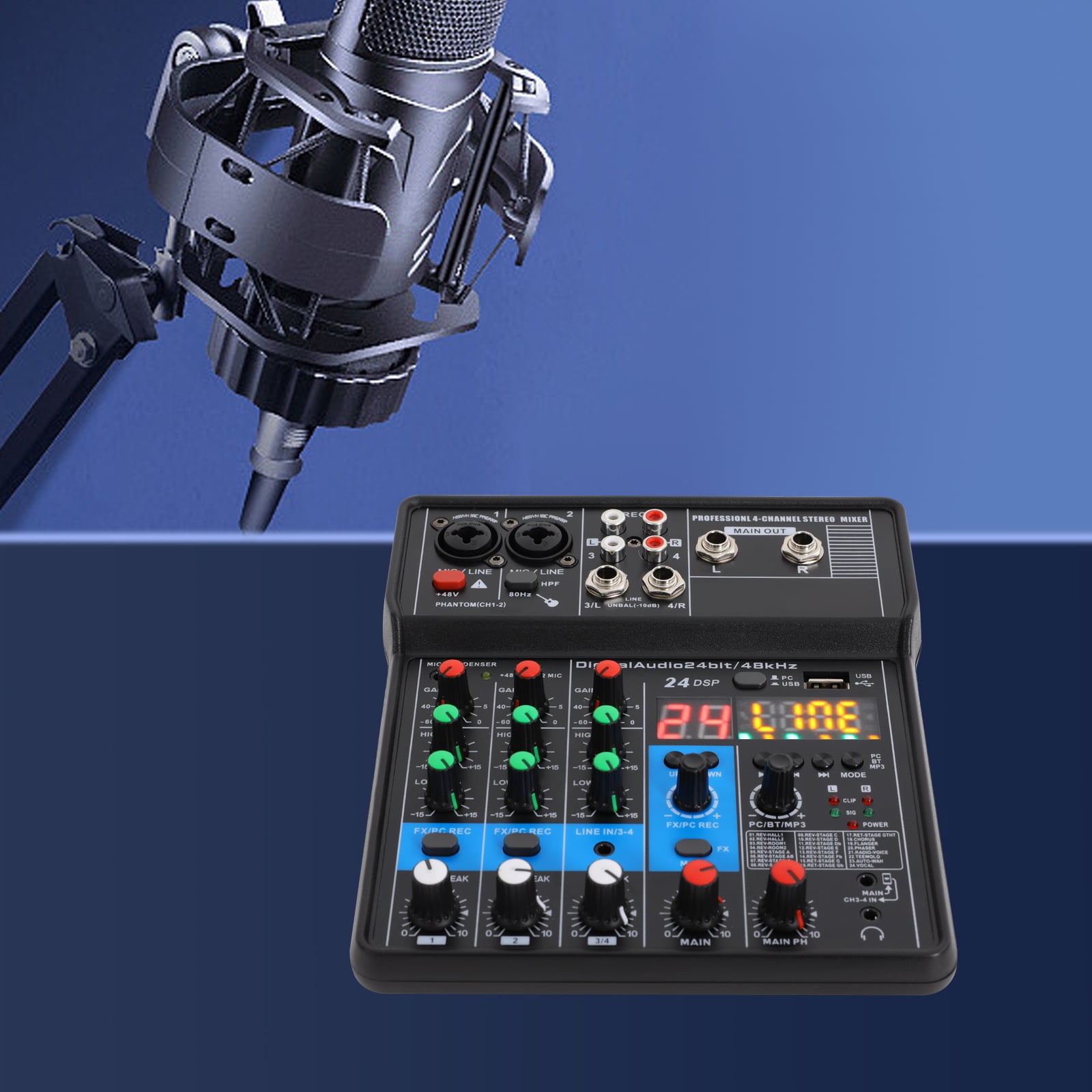 Portable Audio Mixer, 4-Channel with 48V Phantom Power, USB Connectivity, 1.54lbs Lightweight, for Recording & Live Use