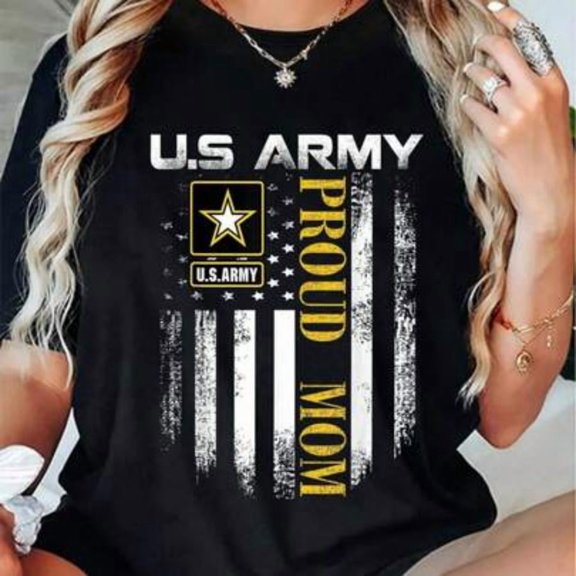 【New Arrival】U.S. Army Proud Mom T-Shirt Vintage American Flag Black Casual Tee
