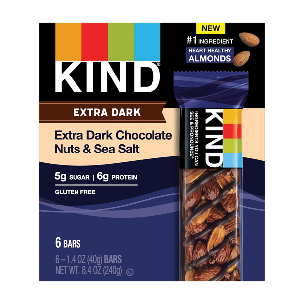 KIND Bar, Extra Dark Chocolate Nuts & Sea Salt, Gluten Free 1.4 oz, 6