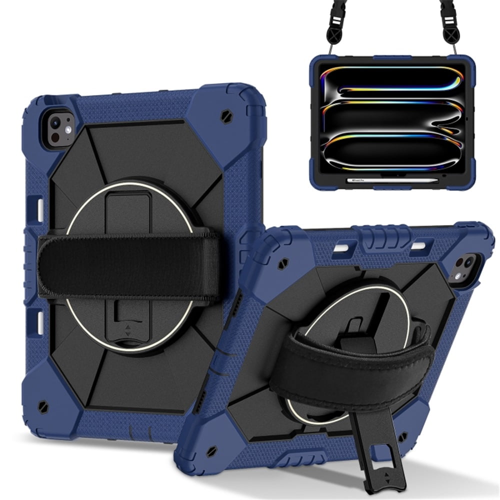 Heavy Duty Shockproof Case for iPad Pro 13 2025 / 2024,Anti drop silicone+PC Layer Protective Case 360 ° Rotating Handle Stand ,Shoulder Strap,Dark blue