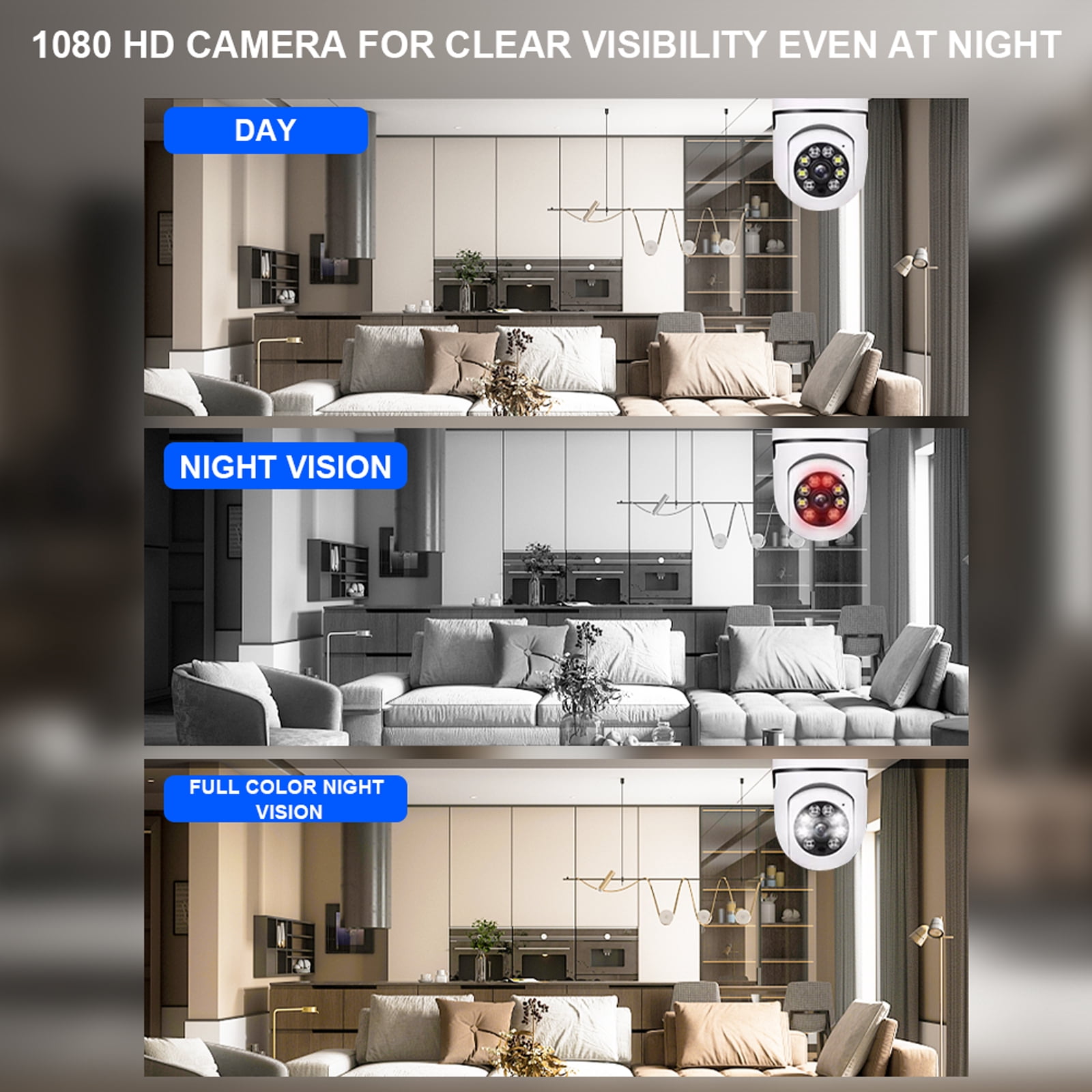 1080P Light Bulb Camera, Wireless 2.4GHz WiFi Home Security, 360° Surveillance Cam with Motion Detection Alarm Night Vision Light Socket Camera
