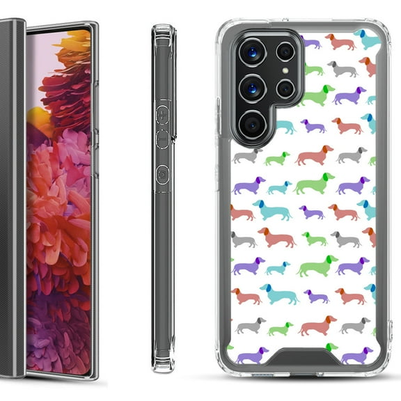 Shockproof Bumper Phone Case for Samsung Galaxy S22 Ultra 5G, by OneToughShield ® - Colorful Dachshund/Puppy