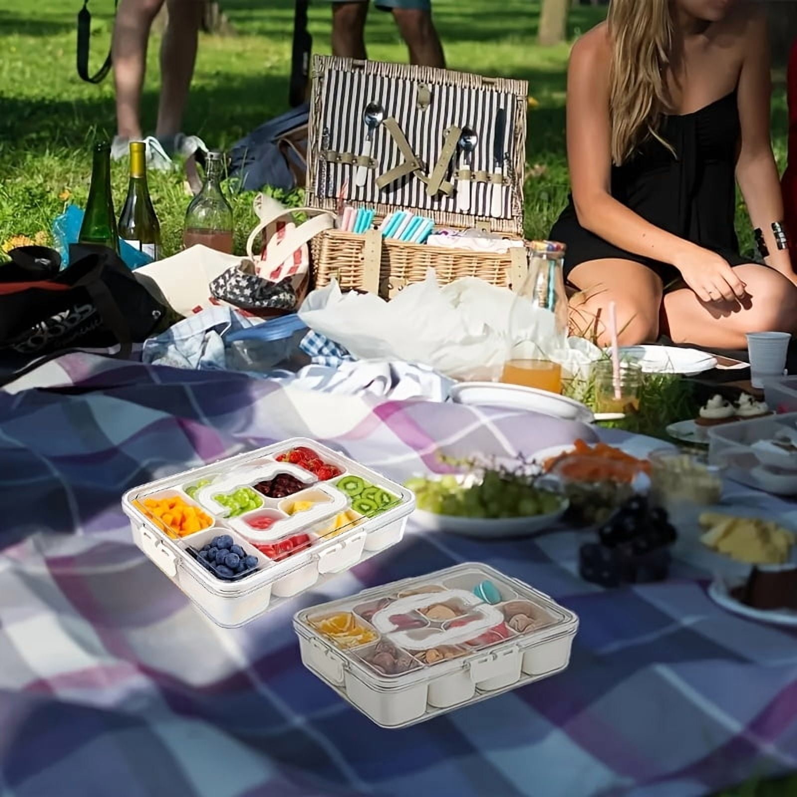 Snackle Box Container, 8 Compartment Divided Serving Tray with Lid and Handle, Portable Snack Tray and Serving Platter for Party, Picnic, Perfect for Fruit, Candy and Treats