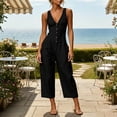 thumbnail image 2 of Cmfcve Cotton Blend Jumpsuits for Women Sleeveless Half Button Up Wide Leg Pants V Neck Loose Casual Capri Pants with Pockets, 2 of 7