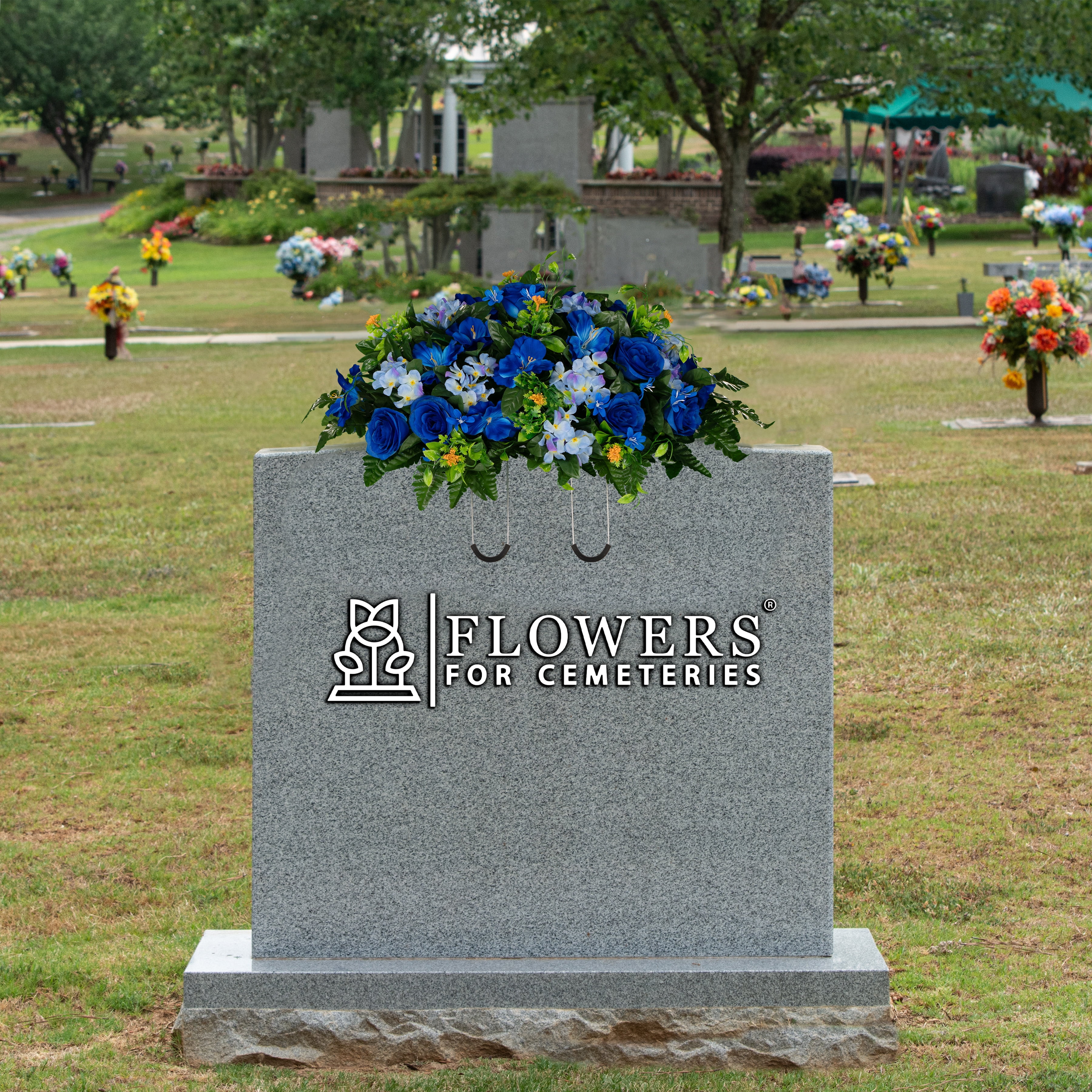 Sympathy Silks Artificial Cemetery Flowers - Blue Roses and Hydrangea - Saddle for Headstone