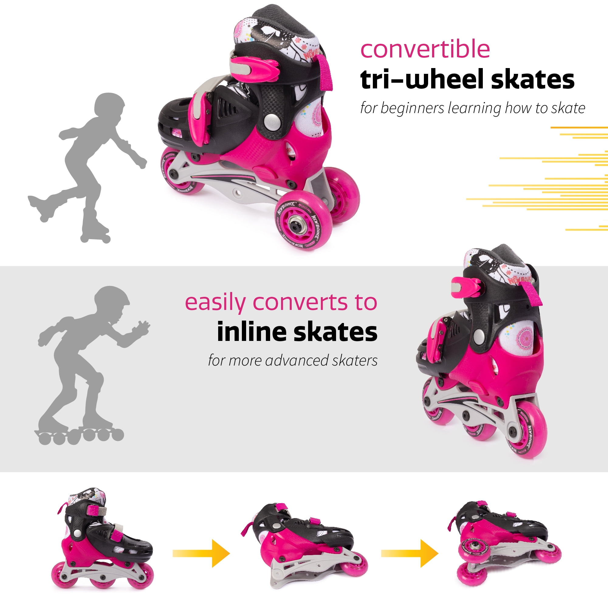 New Bounce Roller Blades for Little Kids, EU 28-31 US 8-11, 2-in-1 Inline Skates Converts from Tri-Wheel to Inline, Beginners Rollerskates Pink